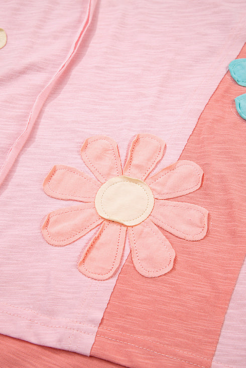 Mixed Daisy Applique Exposed Seam Oversized V Neck Top